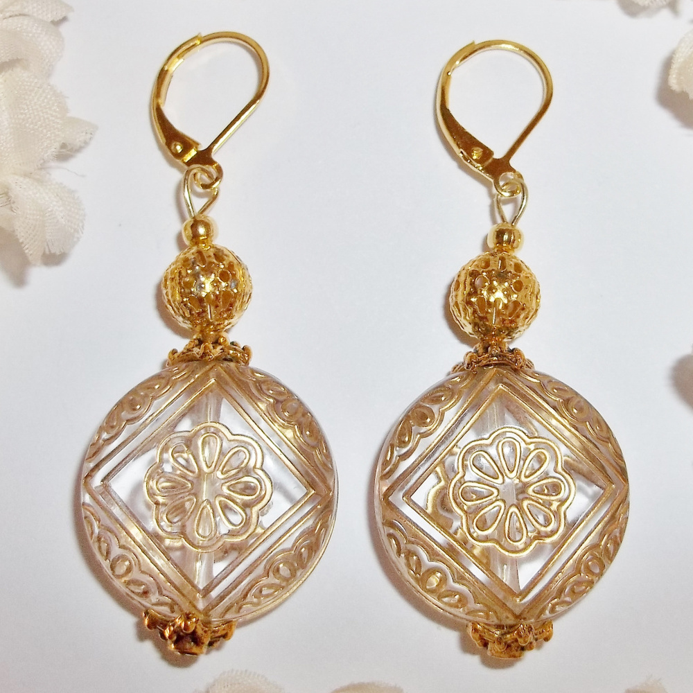 Clear and Gold Statement Earrings Elegant NWT 3698